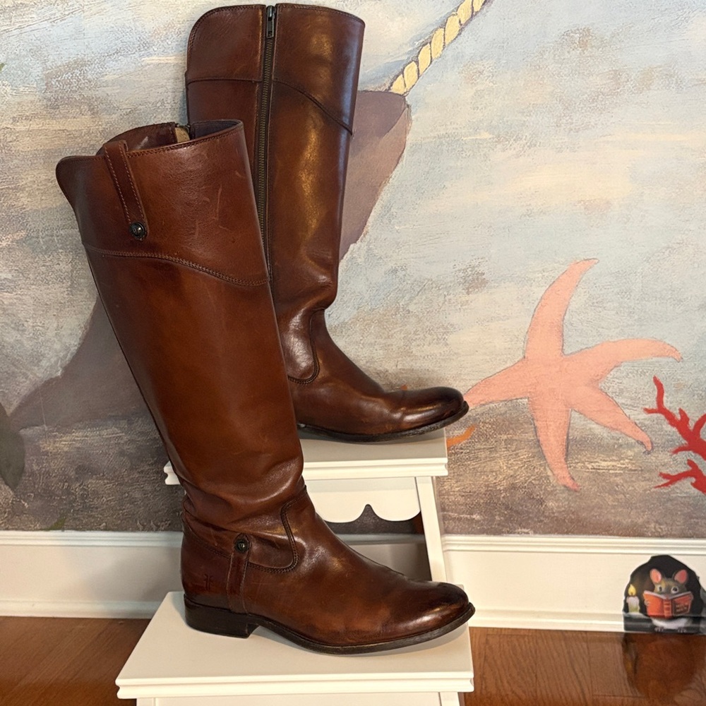 Frye to the knee boots in brown or cognac.